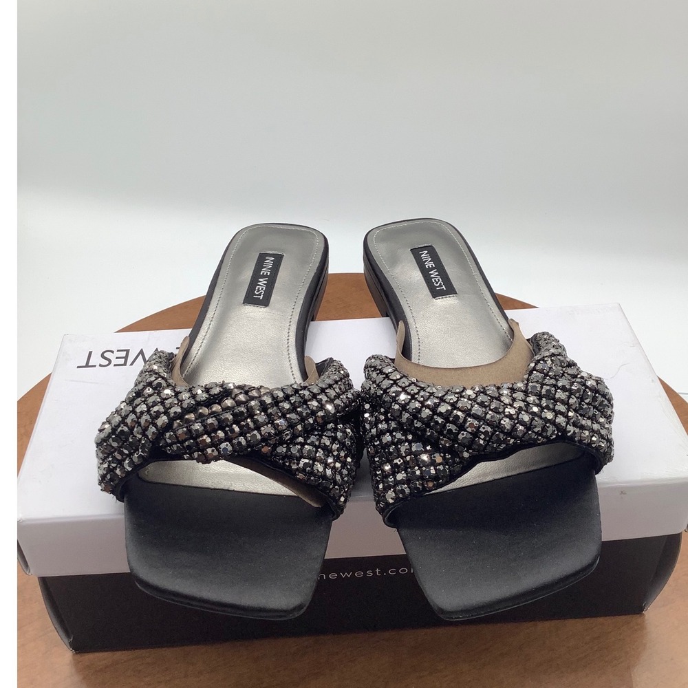 Nine West Mande9 Black Rhinestone Twisted Strap Square Toe Slide Sandal Size 6.5